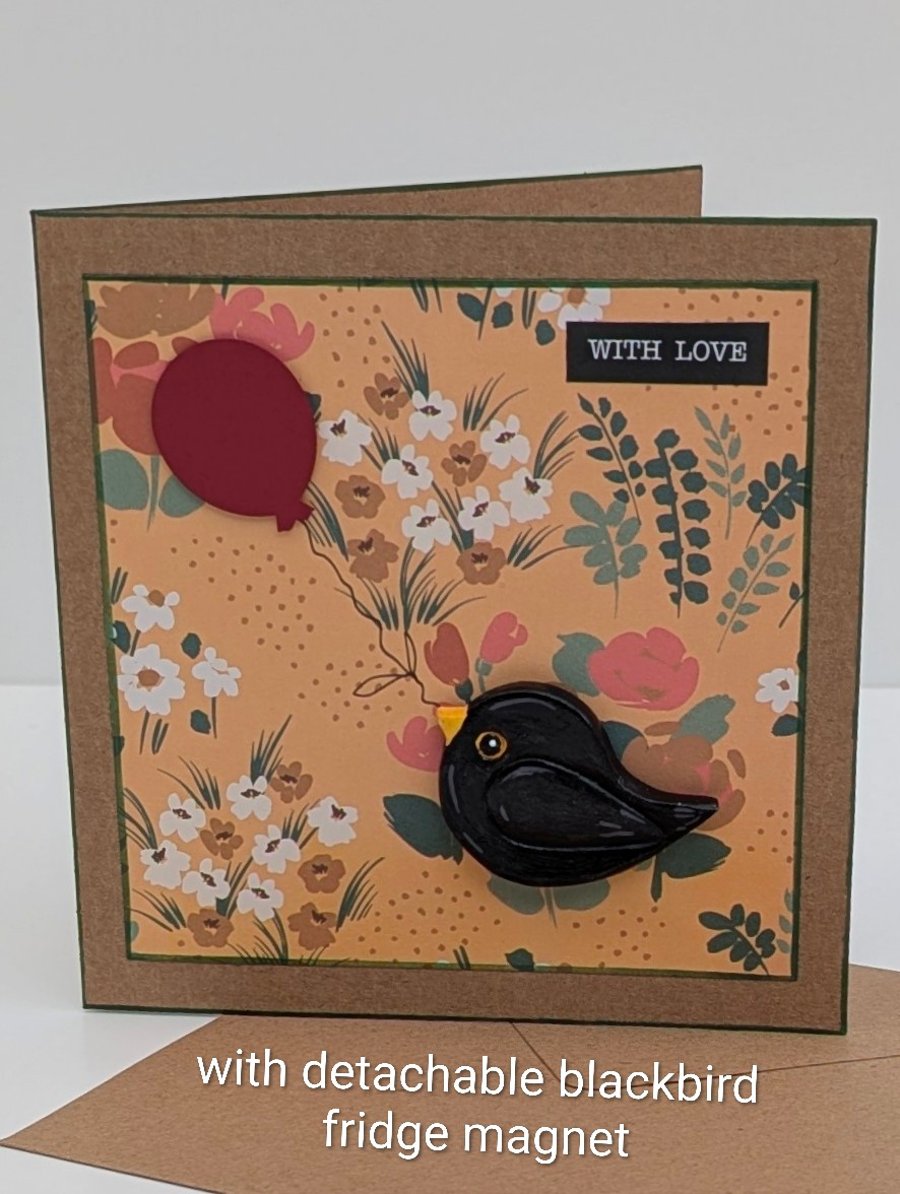 Handmade card with detachable hand painted clay blackbird magnet keepsake 