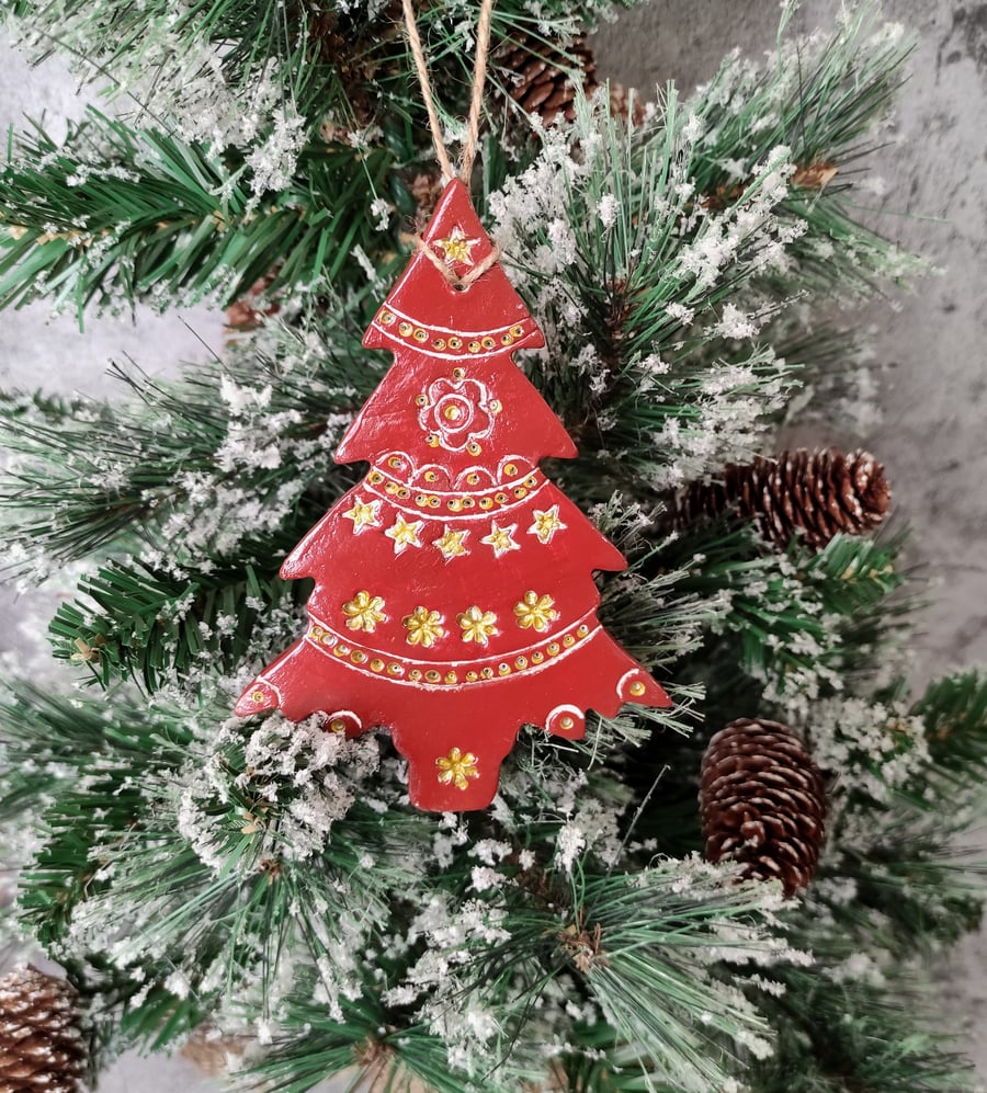 Rustic Nordic Tree Decoration, Christmas Yuletide Hanging Clay Tree Ornament