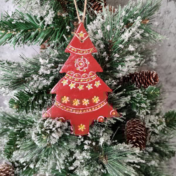 Rustic Nordic Tree Decoration, Christmas Yuletide Hanging Clay Tree Ornament