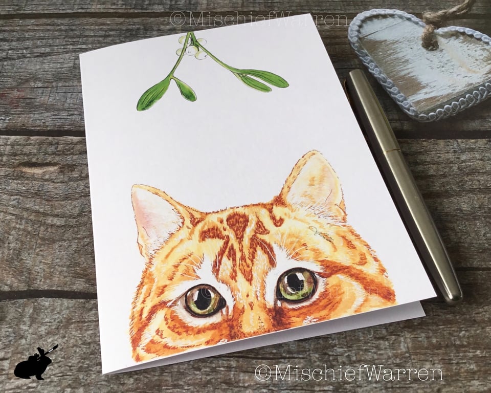 Ginger Cat Christmas Card. Cat handmade Christmas card.