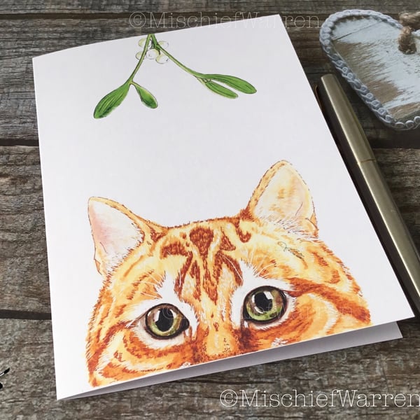 Ginger Cat Christmas Card. Cat handmade Christmas card.