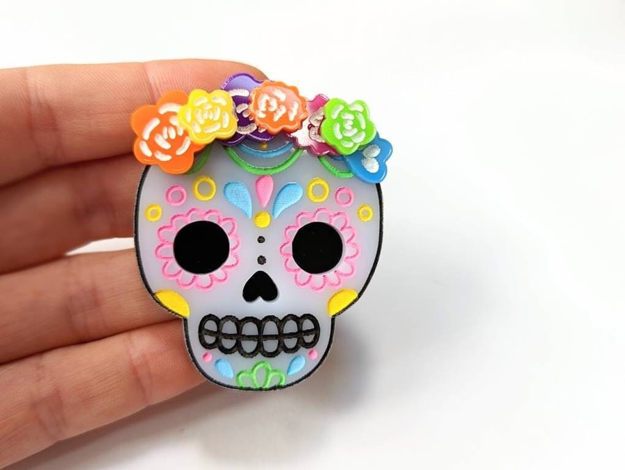 Halloween Catrina skull brooch on acrylic Dia de los muertos brooch skull brooch
