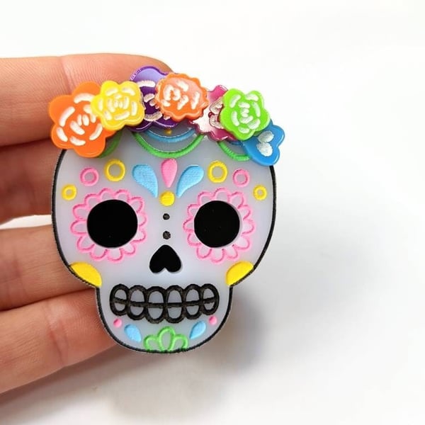 Halloween Catrina skull brooch on acrylic Dia de los muertos brooch skull brooch