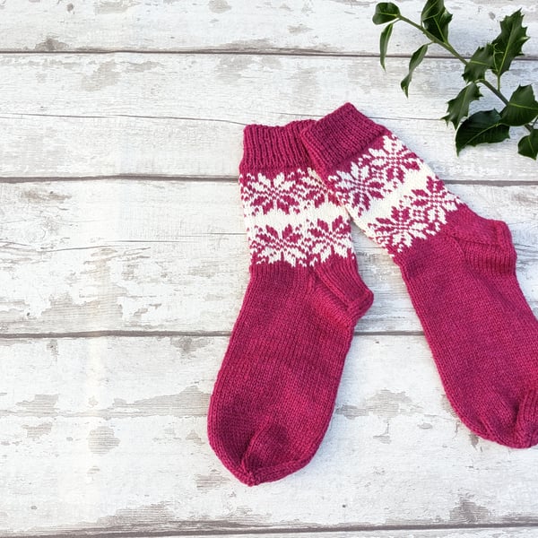 Handknit socks women's chunky merino wool, handmade plum fair isle sock slippers