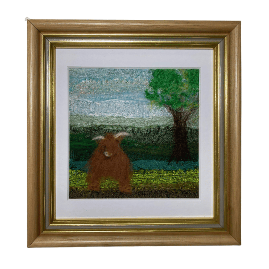 Textile art, highland cow, silk and wool needle felted picture