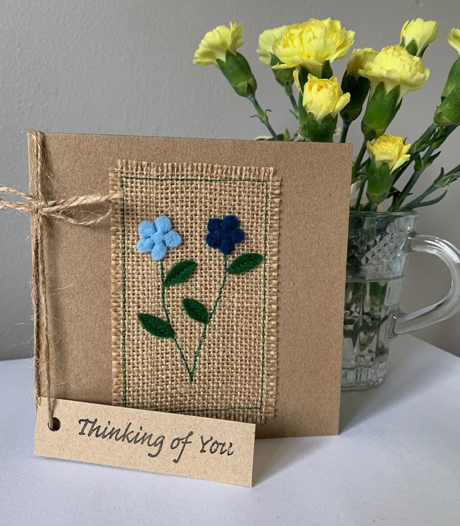 Thinking Of You Card. Sky blue and deep blue flowers. Wool Felt. Handmade.