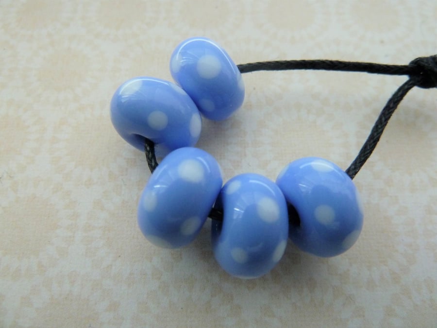 handmade lampwork blue and white spot glass beads