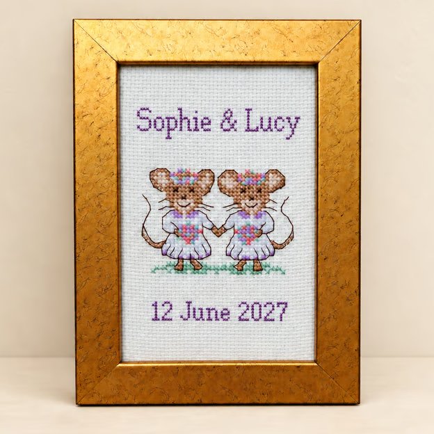 Personalised Wedding Mice Cross Stitch – Framed Keepsake - Brides