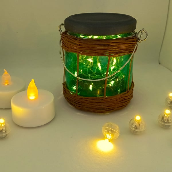 Small, Rustic, Painted Glass Jar Lantern with Fairy Lights (Viridian Deep Green)