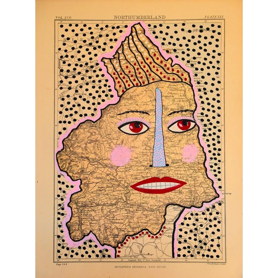 Portrait Illustration Art On Map of Northumberland Weird Funky Portrait Drawing