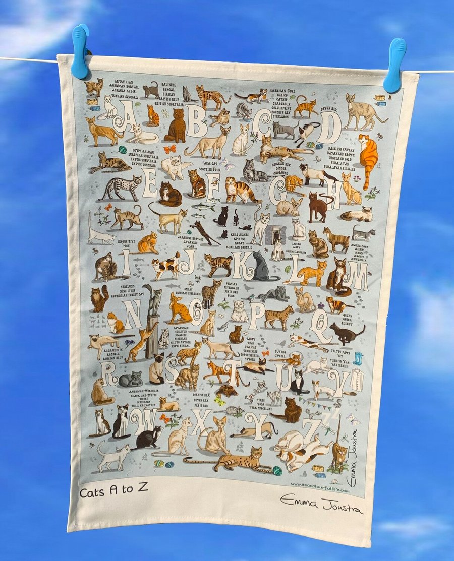 Cat Alphabet tea towel 100% organic cotton designed and made in the UK