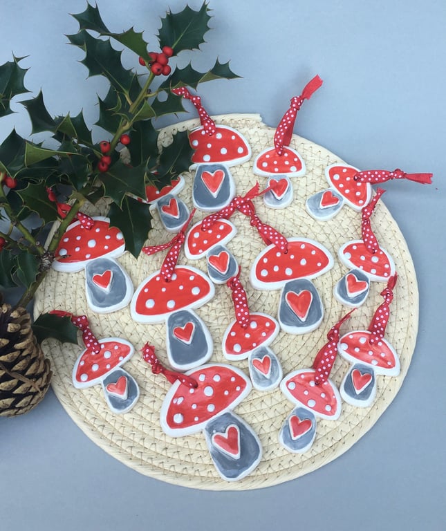 Handcrafted Ceramic Mushroom Christmas Tree Decorations. Folk Art Woodland Tag