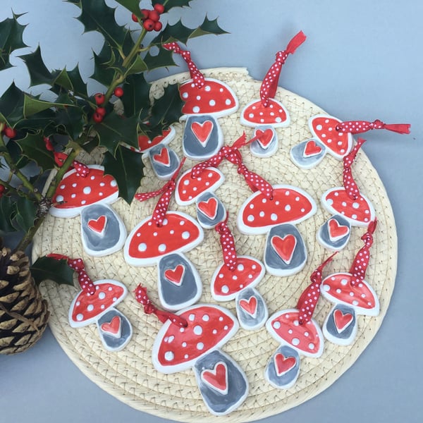 Handcrafted Ceramic Mushroom Christmas Tree Decorations. Folk Art Woodland Tag