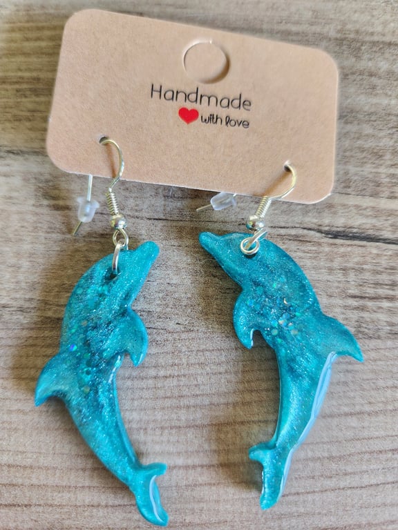 Handmade Resin dolphin Earrings silver plated hooks aqua