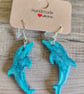 Handmade Resin dolphin Earrings silver plated hooks aqua