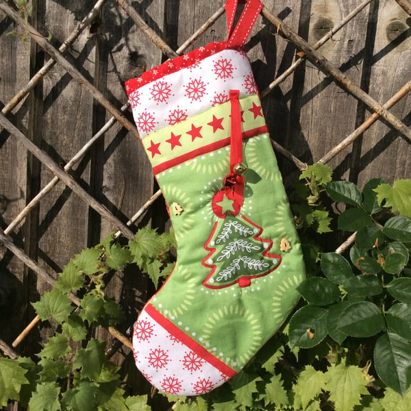 Quilted Christmas Stocking, green and red tree design