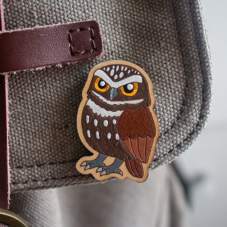 Little Owl Wooden Pin Badge – Hand-Painted British Wildlife