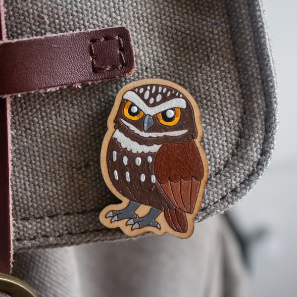 Little Owl Wooden Pin Badge – Hand-Painted British Wildlife