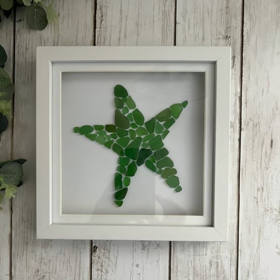 Sea Glass Wall Art: Starfish, Green, White Shadow Box Frame - Coastal home decor