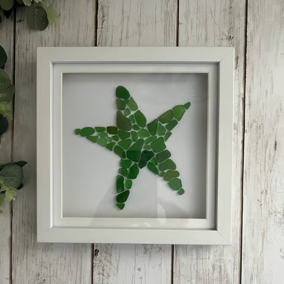 Sea Glass Wall Art: Starfish, Green, White Shadow Box Frame - Coastal home decor