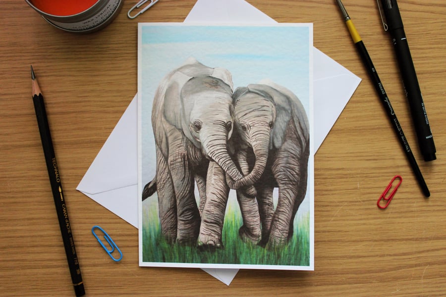 Elephant Greeting Card - Blank Greeting Card, Wildlife Art Card, Free UK Post