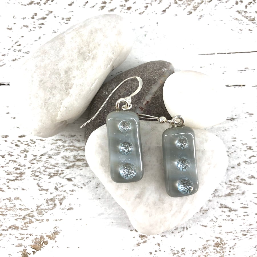 Soft Grey Fused Glass Drop Earrings with Dichroic Detail on Silver Wires