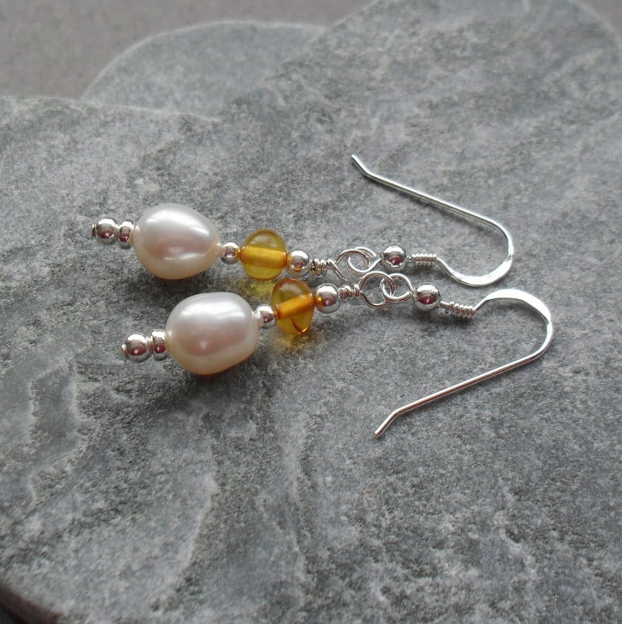 Sterling Silver Freshwater Pearls with Baltic Amber Drop Earrings