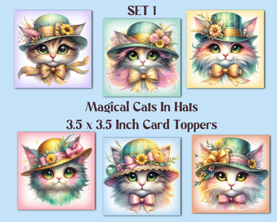 Magical Cats In Hats Square Card Toppers for Card Making, Journals, Tags