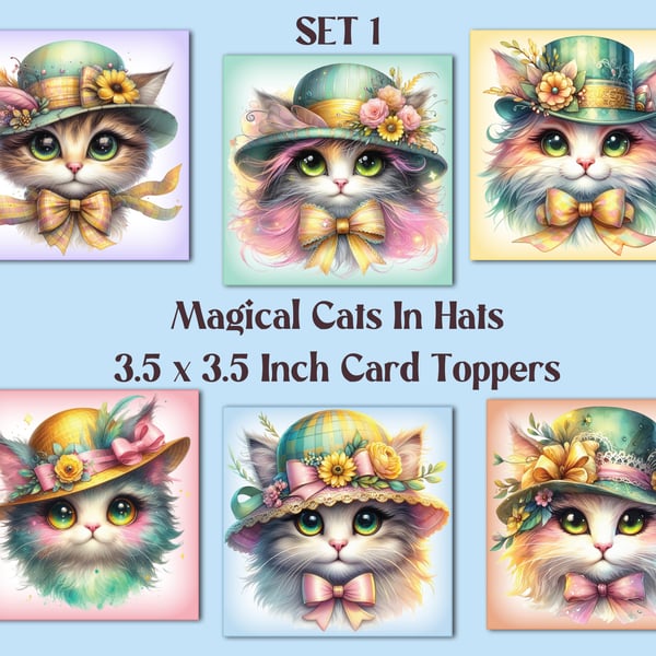 Magical Cats In Hats Set of 6 Square Card Toppers for Card Making