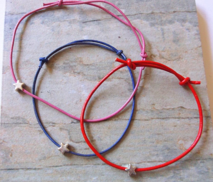 Minimal Leather  Small Silver Star Friendship Bracelet, Stacking Bracelet