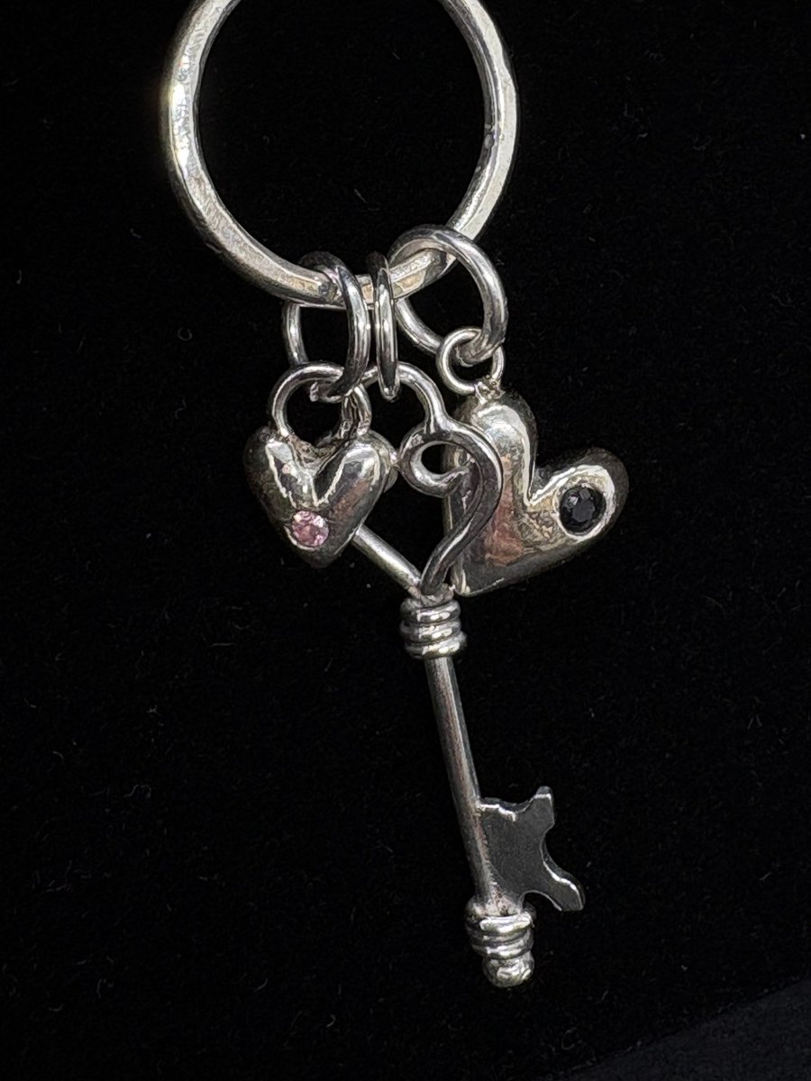 Silver charm pendant, Silver heart necklace, Silver key