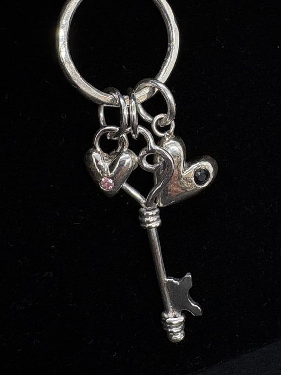 Silver charm pendant, Silver heart necklace, Silver key