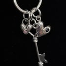 Silver charm pendant, Silver heart necklace, Silver key