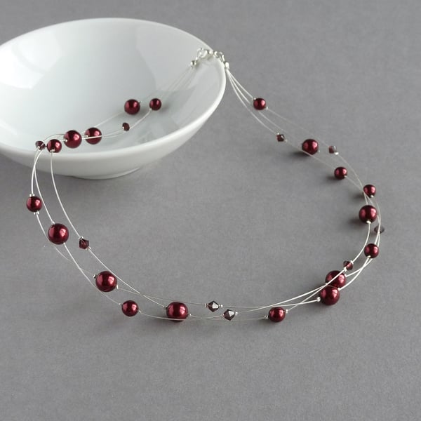 Burgundy Floating Pearl Necklace - Claret Red Bridesmaids - Wedding Jewellery