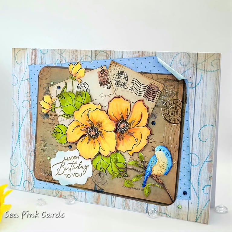 Birthday Card Vintage Inspired Design - 3D, layered, handmade, bird, flowers