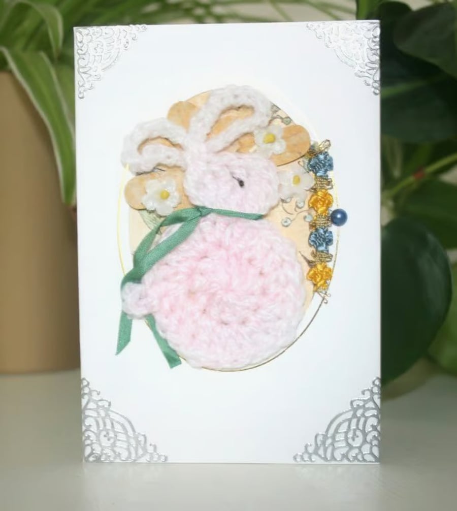 Pretty Rabbit Aperture Card  -  Cosy Crochet Rabbit Card -  Treasured Keepsake