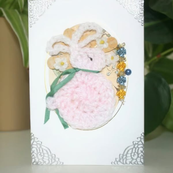 Pretty Rabbit Aperture Card  -  Cosy Crochet Rabbit Card -  Treasured Keepsake
