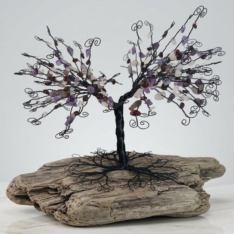 Wire Amethyst, Garnet and Rose Quartz Tree Sculpture