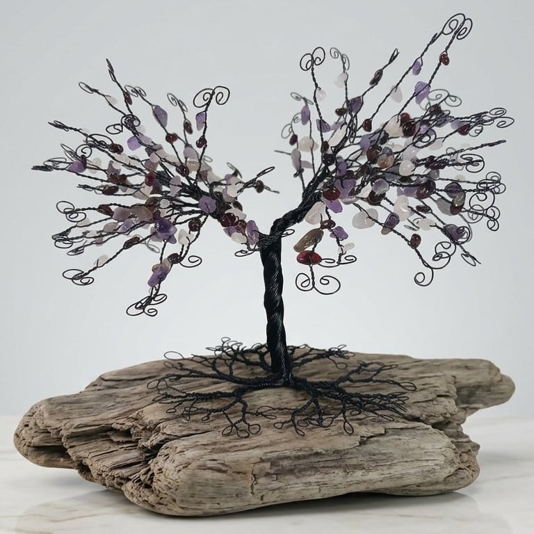 Wire Amethyst, Garnet and Rose Quartz Tree Sculpture