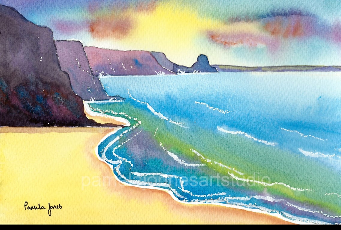 Original Watercolour, Newgale Beach, Pembrokeshire, Wales, in 14 x 11 '' Mount