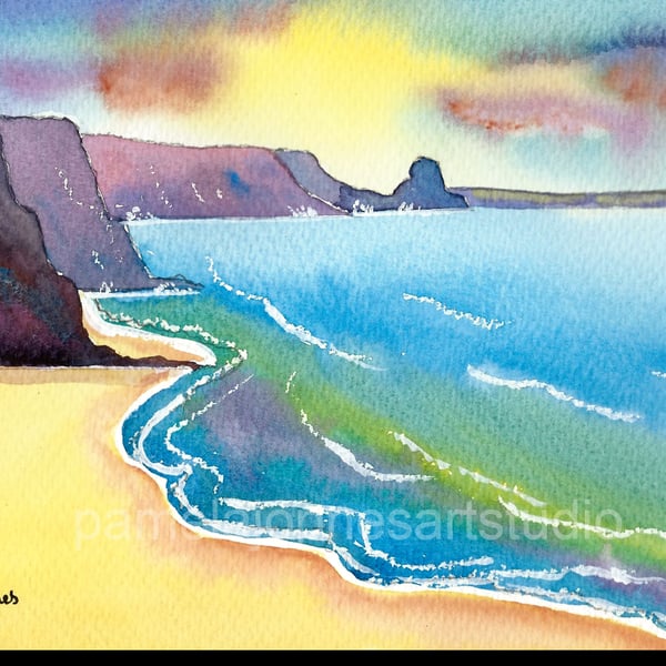 Original Watercolour, Newgale Beach, Pembrokeshire, Wales, in 14 x 11 '' Mount