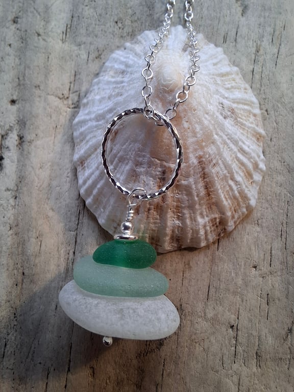 White, Sage & Bright Green Marazion Sea Glass Stack on Diamond Cut Ring N671