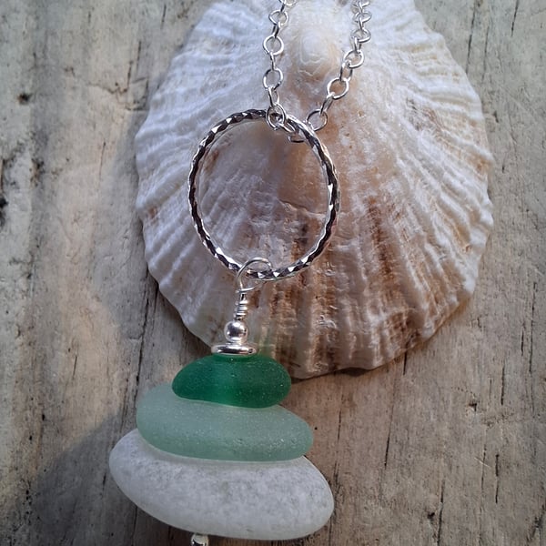 White, Sage & Bright Green Marazion Sea Glass Stack on Diamond Cut Ring N671