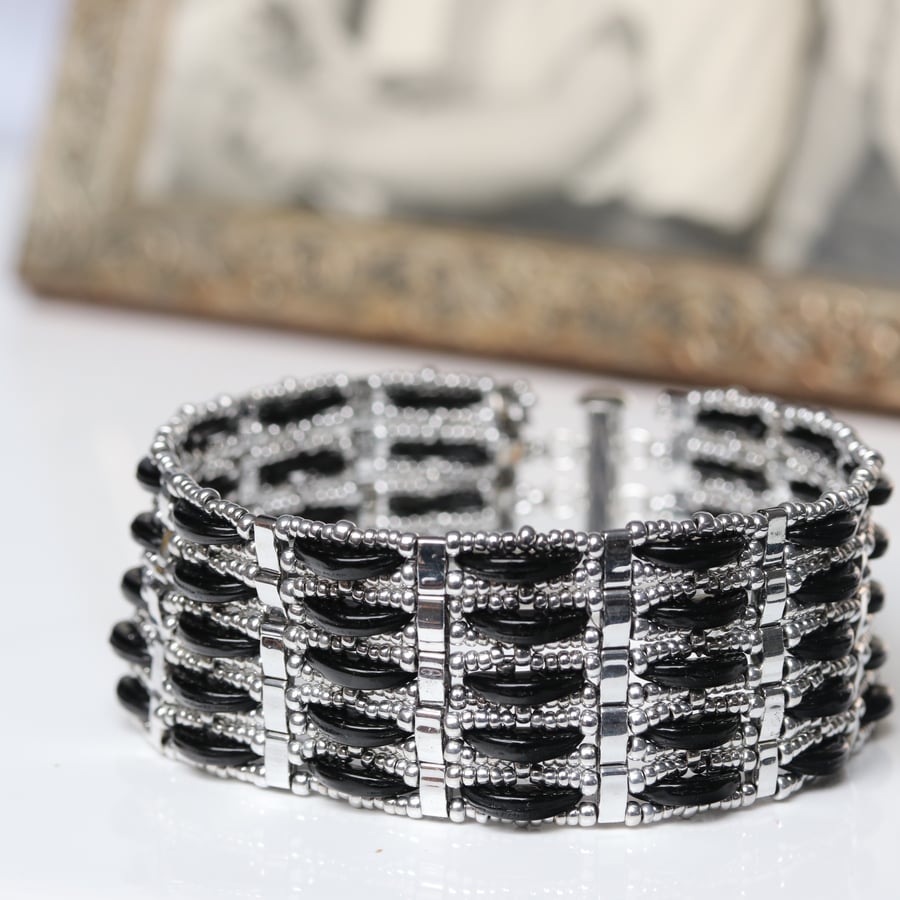Slinky Silver and Black Cuff Bracelet