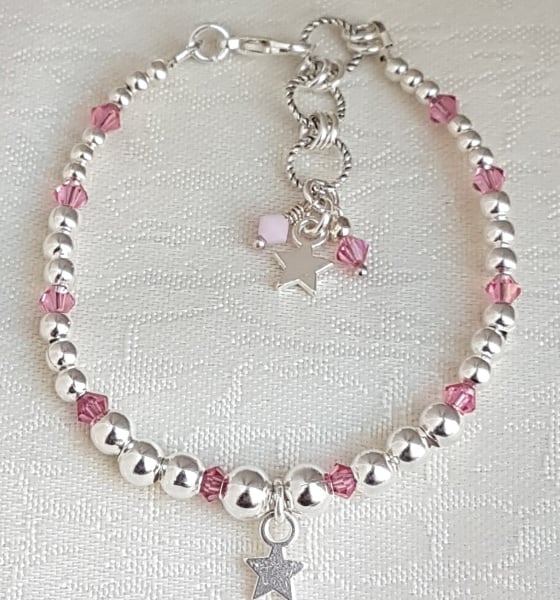 SALE - Gorgeous Silver bead and Rose Crystal Bracelet with Star charm
