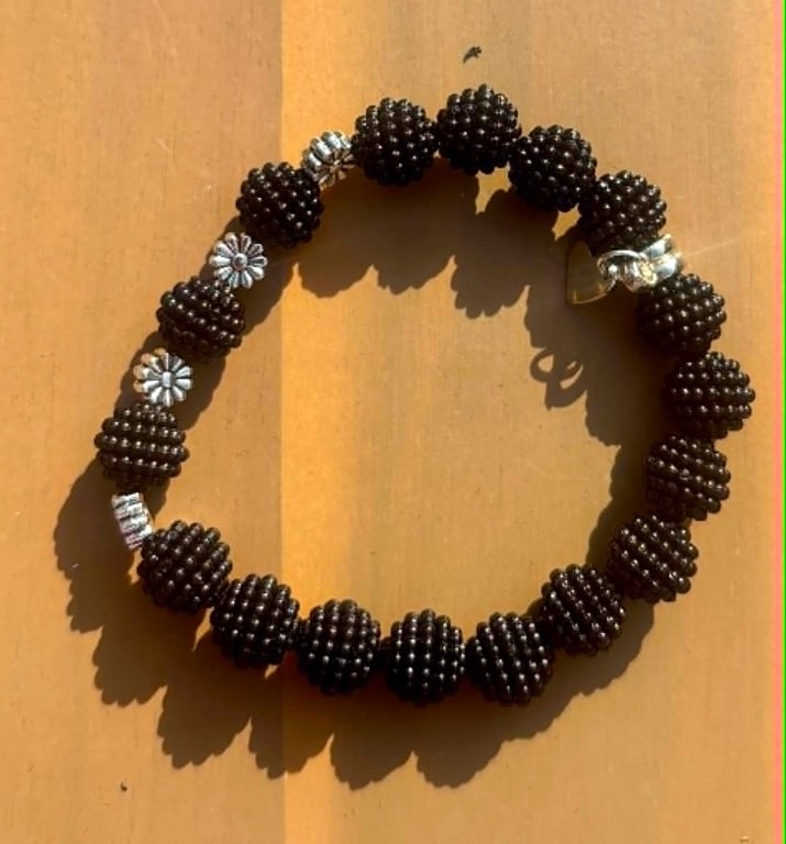 Handmade Black Bobbly Bead Bracelet with Silver-Tone Flower Accents