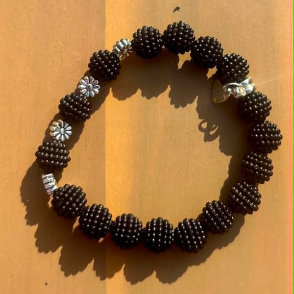 Handmade Black Bobbly Bead Bracelet with Silver-Tone Flower Accents