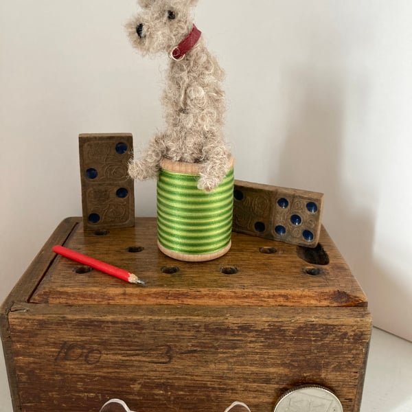 Mini Dog on a Vintage Cotton Reel - Skipper. 