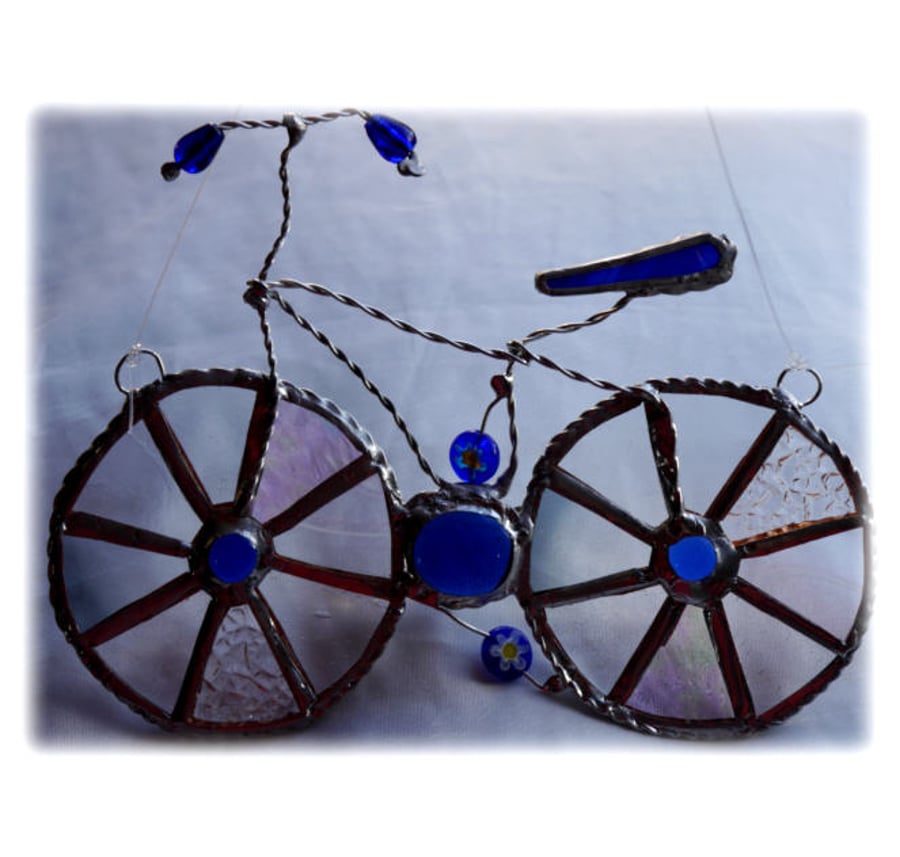 Bicycle Suncatcher Blue Stained Glass Handmade   man cyclist cycle bike Sport