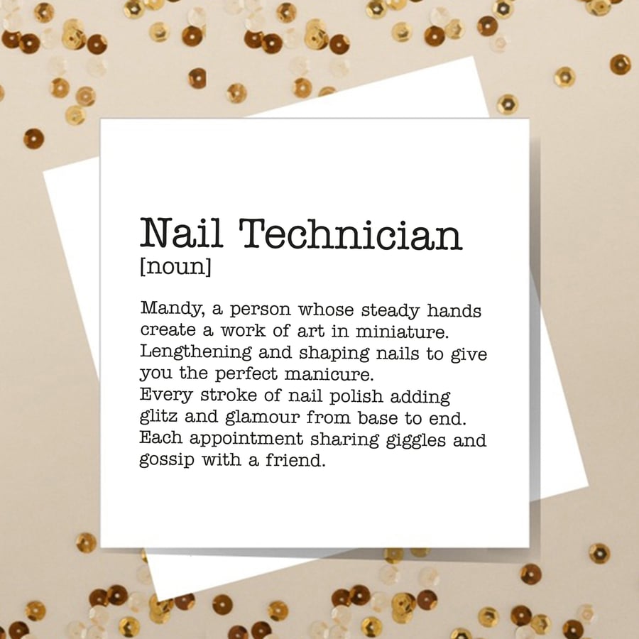 Nail Technician Personalised Definition Card - Blank inside.  Free delivery